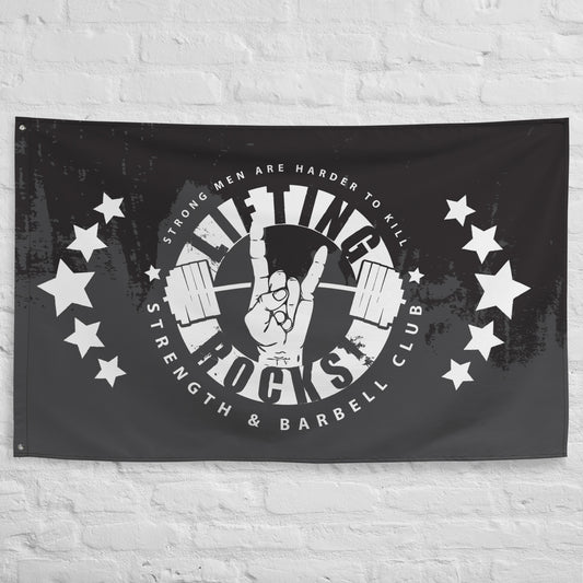 Classic 3'x5' black and white "Lifting Rocks" gym flag and gym banner.
